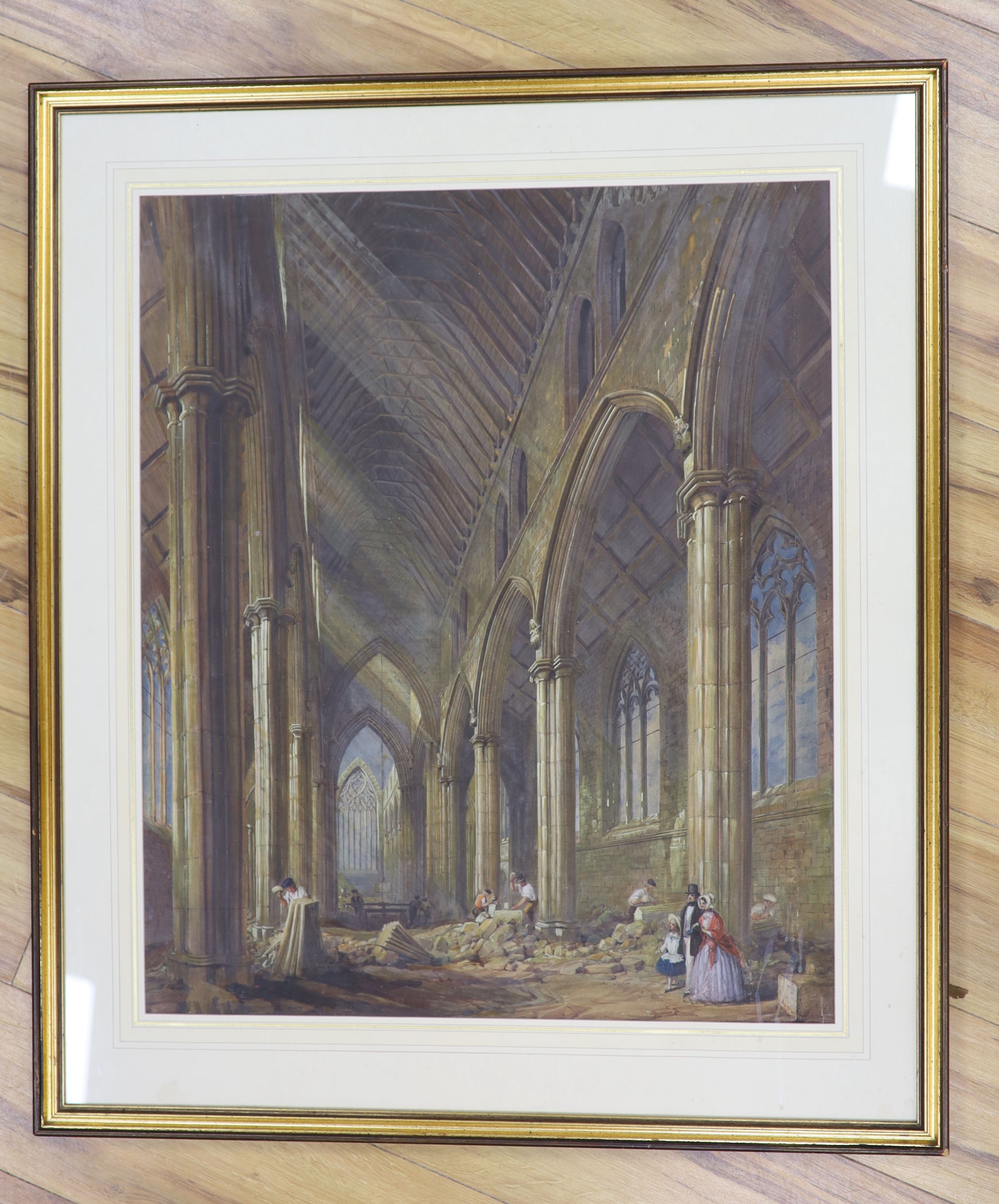 19th century English School, watercolour, The builder of a church with his family and architect, Abbott & Holder label verso, 74 x 61cm.